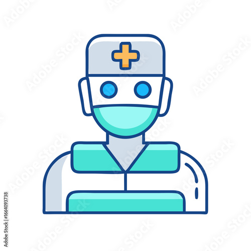 Flat illustration of robotic doctor wearing mask and scrubs
