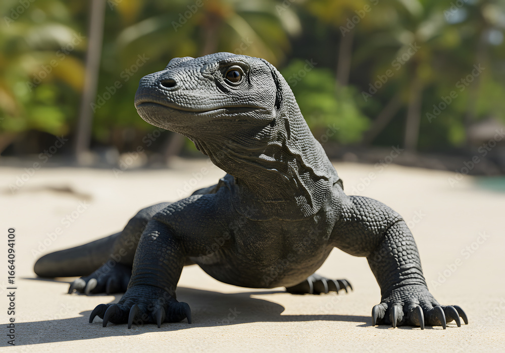Fototapeta premium Komodo dragon on sandy beach with blurred tropical background