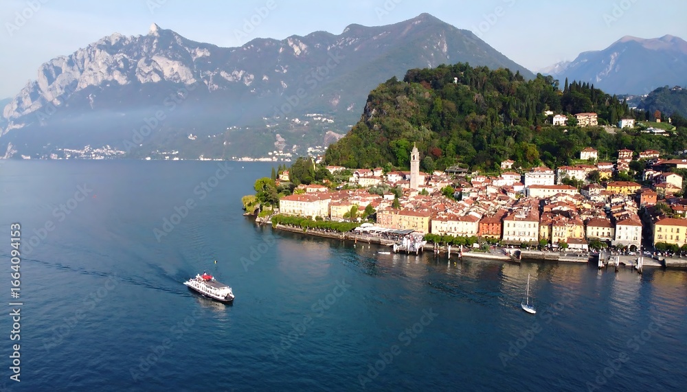 Obraz premium Aerial view of lakeside town nestled in mountains