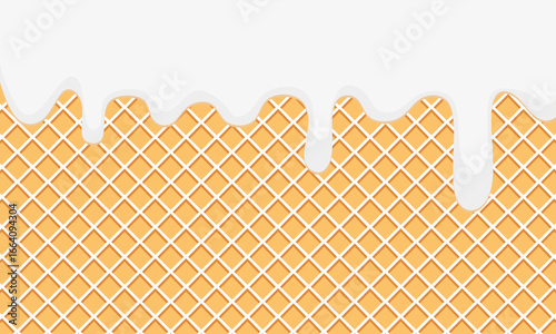Seamless Creamy Liquid Yogurt, Ice Cream or Milk Flowing on Waffle Background. Dripping melting ice cream on wafer background