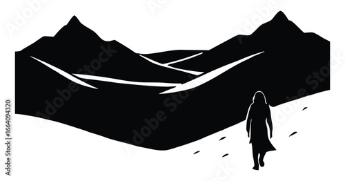 Silhouette of hiker in the mountains against majestic black hills vector illustration