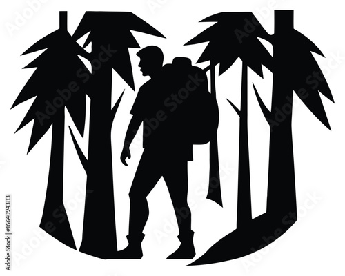 Silhouette of hiker with backpack walking through forest surrounded by trees adventure
