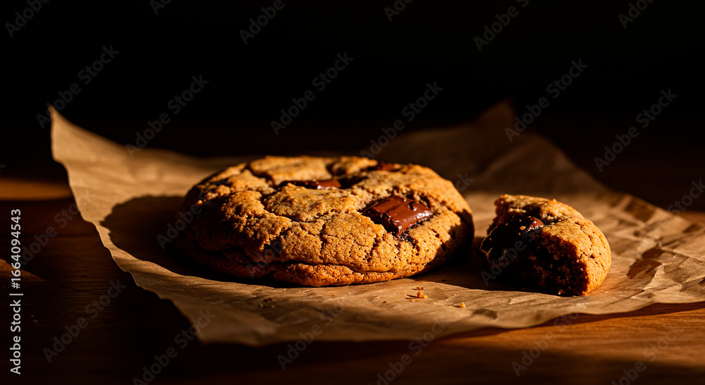 Fototapeta premium Delicious chocolate chip cookie on brown paper under a warm light