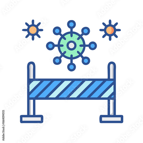 Iconic representation of virus barrier with caution tape blockade