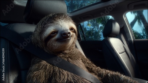 A sloth smiles while belted in a car, looking at the viewer with tropical scenery in background