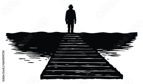 Solitary figure walks toward the horizon on a stark wooden pier