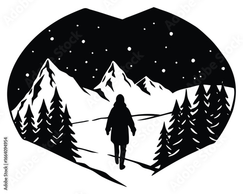 Woman trekking through a snowy mountain landscape at night adventure concept