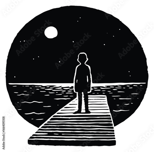 A silhouette of a child standing on a pier under the night sky