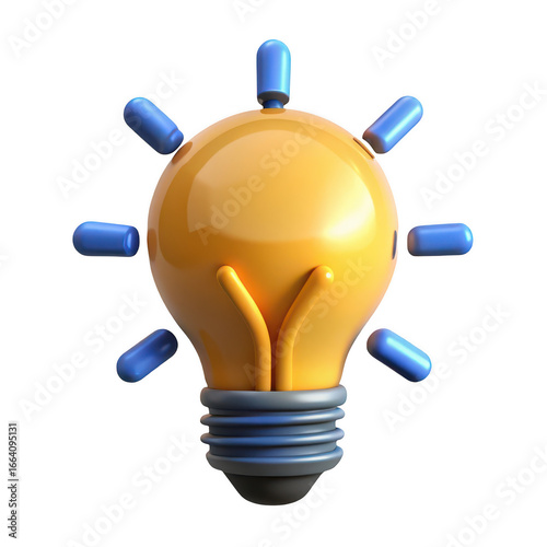 Bright yellow incandescent light bulb with radiating blue rays symbolizing innovation and new ideas isolated on transparent background