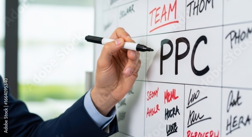 A person in a suit writes ppc and team names on a whiteboard, symbolizing marketing strategy and business planning