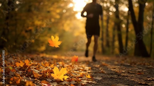 Autumn Run Silhouette of a Runner Amidst Falling Leaves in Golden Light
