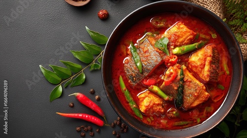Spicy asian fish curry with vegetables in rich red sauce