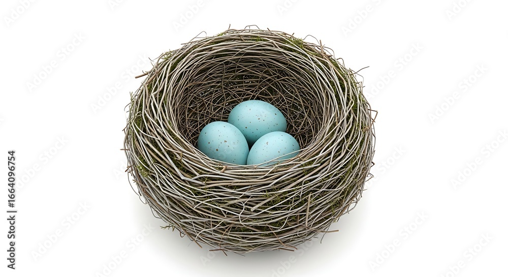 Obraz premium Birds Nest with Three Blue Eggs Isolated.