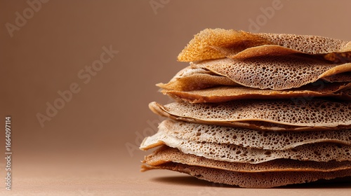 Close-up of traditional injera bread stack on a neutral background