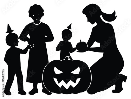 Family carving pumpkin on Halloween preparing for trick or treat festivities celebration