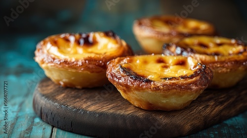Delicious portuguese egg tarts on rustic wooden board