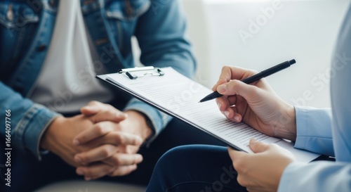 A therapist listens intently to a patient during a counseling session, taking notes on a clipboard