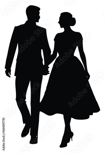 Romantic silhouette of a couple walking hand in hand dressed formally