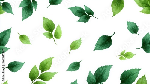 A vibrant assortment of green leaves scattered against a white background, creating a fresh and natural atmosphere.