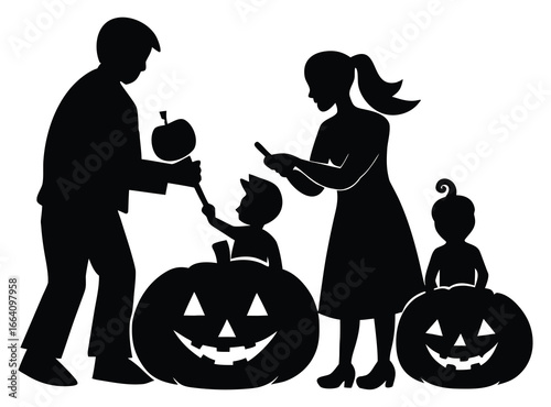 Silhouette family celebrating Halloween with pumpkins and apple with two children