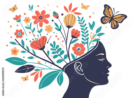 “World Mental Health Day Concept – Human Head with Growing Flowers and Butterflies, Symbol of Positivity and Well-being, Isolated on White Background”