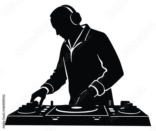 Silhouette of a male DJ playing music on turntable with headphones