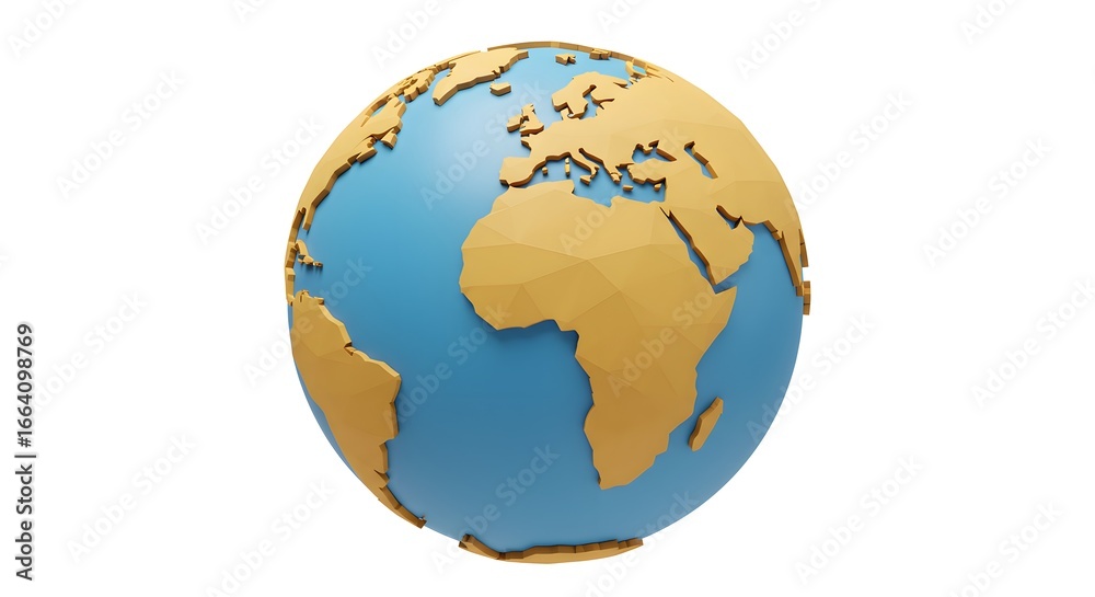 Naklejka premium 3D rendered low poly globe of Earth with continents highlighted, ideal for global business, travel, and environmental concepts