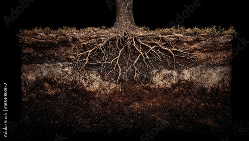 Exposed tree roots in soil layers against black background