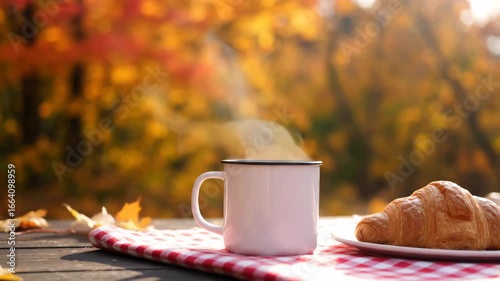 Autumn Morning Coffee and Croissant in the Crisp Air