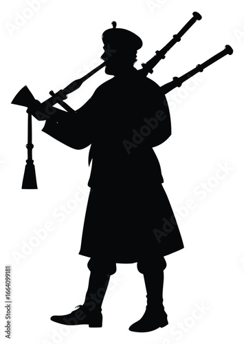 Silhouette of Bagpiper in Traditional Dress Performing Scottish Music with Pride