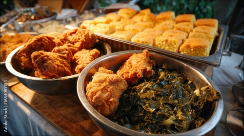 High-quality photo of soul Food Catering with Southern Classics : Southern food setup with fried chicken, collard greens, and cornbread.