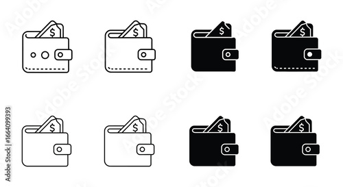 Eight different wallet icons with money sticking out