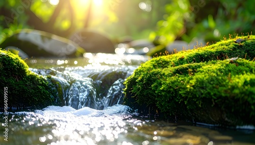 A macro shot of a small, babbling stream flowing over moss-covered rocks.