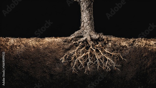 Exposed tree roots in dark soil