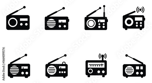 Collection of various old fashioned radio receiver icons in black and white