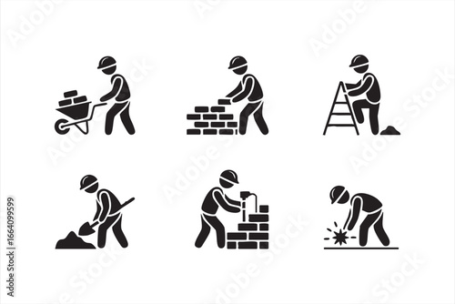 Labor, Bricklaying, and Masonry Worker Icons for Construction Design
