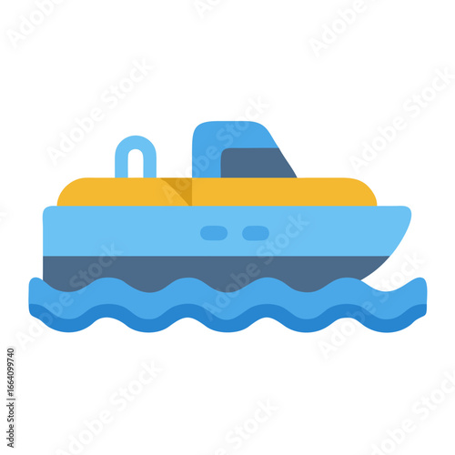 Vector graphic of a motorboat on water waves against a black background