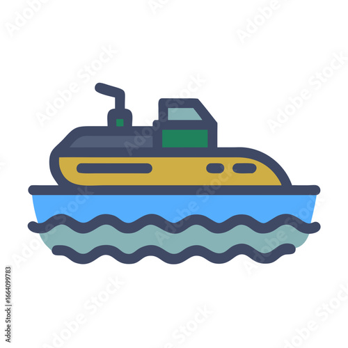Cartoon stylized boat sailing on wavy ocean in flat design style