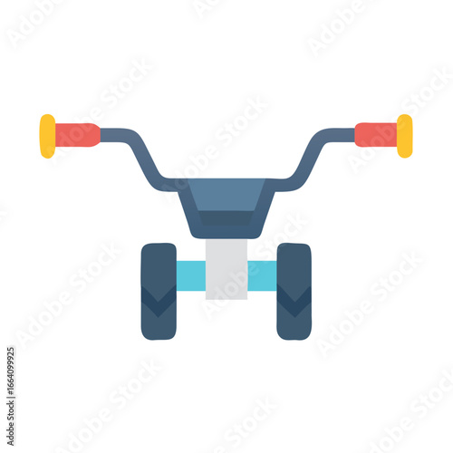Stylized tricycle icon with simple shapes isolated on black background, flat design.