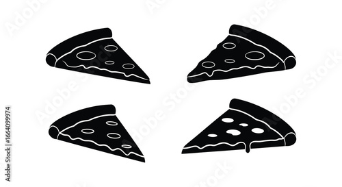 Four slices of black pizza with white toppings on a white background