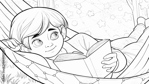 A young person reading a book while relaxing in a hammock with a star filled background in black and white silhouette