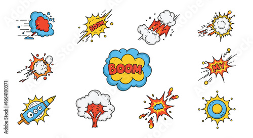 Collection of colorful comic book style explosion and action graphic illustrations