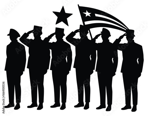Silhouette of military personnel saluting with a star and stylized flag element