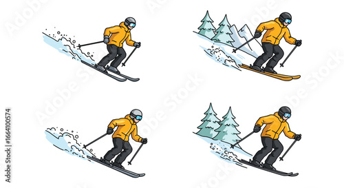 Man skiing in different positions on snow with trees
