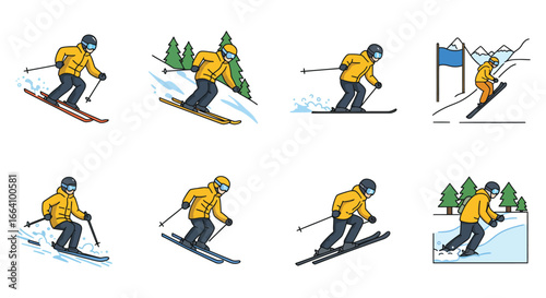 A skier in various poses on snow with trees and slopes