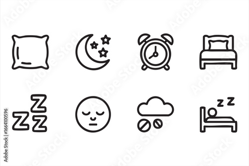 Vector Collection of Sleep, Pillow, and Bed Icons for Wellness