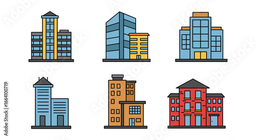 Colorful illustration of various city buildings and skyscrapers in different styles