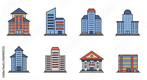 A collection of colorful cartoon city buildings and skyscrapers