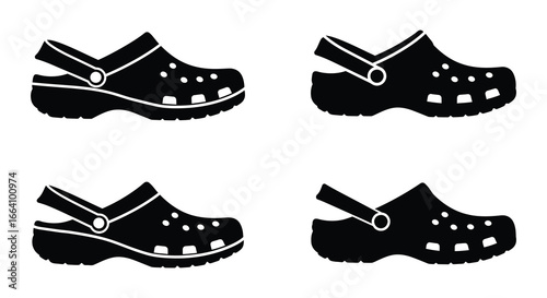 Black clogs with holes and straps in different positions