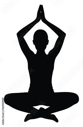Silhouette of woman in yoga lotus position connecting hands above head meditation